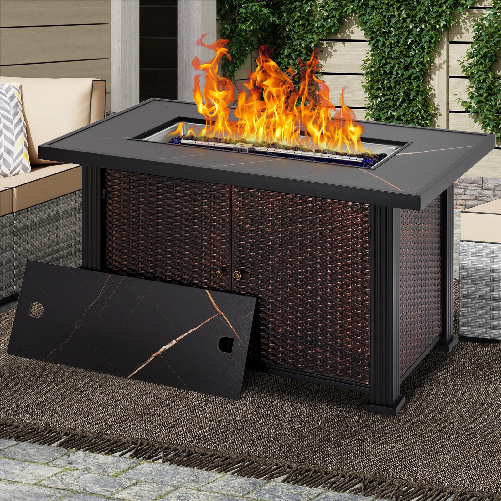 Garvee 44″ Propane Fire Pit Table, 50000 BTU Fire Table with Ignition System,Outdoor Fire Table with Glass Rocks, Brown