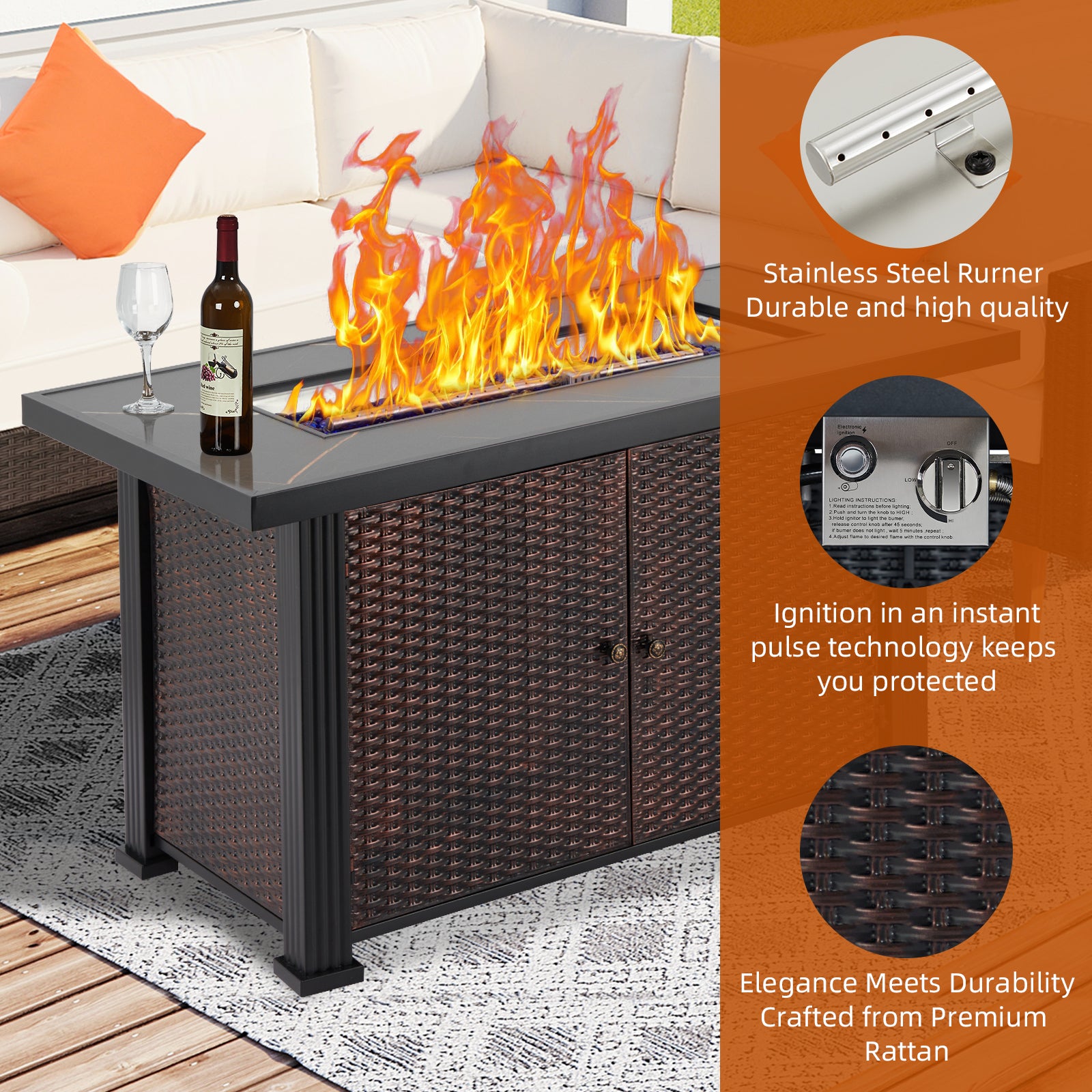 Garvee 44″ Propane Fire Pit Table, 50000 BTU Fire Table with Ignition System,Outdoor Fire Table with Glass Rocks, Brown