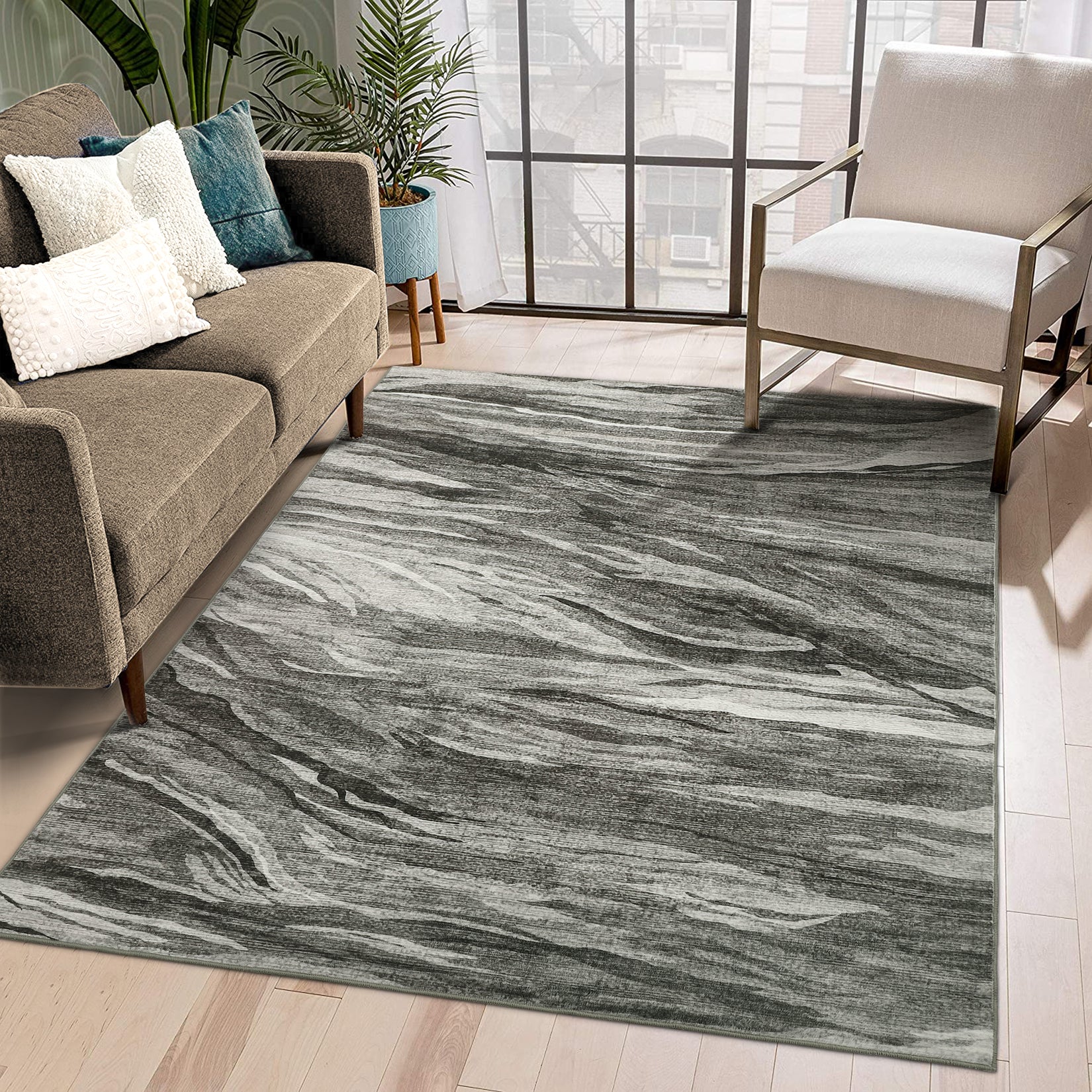 Garvee Washable Rug 8x10 Abstract Area Rug Large Modern Area Rug Stain Resistant Non-Slip Accent Rug Abstract Floor Cover Carpet Rug for Living Room Decor, Grey