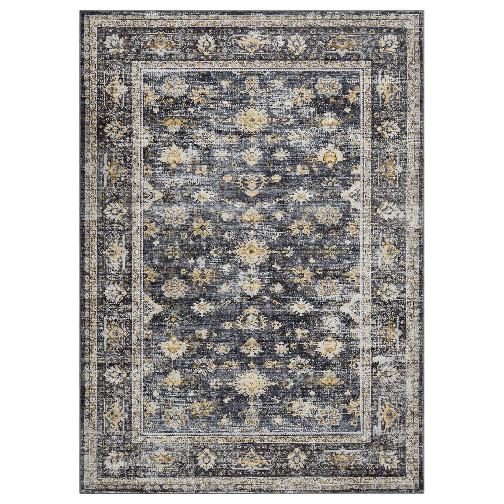 Garvee 9x12 Black Area Rug Distressed Print Washable - Vintage Large Living Room Carpet Low Pile, Non Slip Easy Clean Stain Resistant, Bedroom Dining Room Accent Rug
