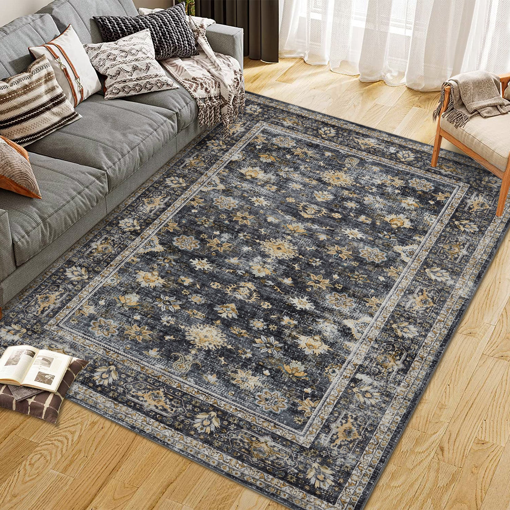 Garvee 9x12 Black Area Rug Distressed Print Washable - Vintage Large Living Room Carpet Low Pile, Non Slip Easy Clean Stain Resistant, Bedroom Dining Room Accent Rug