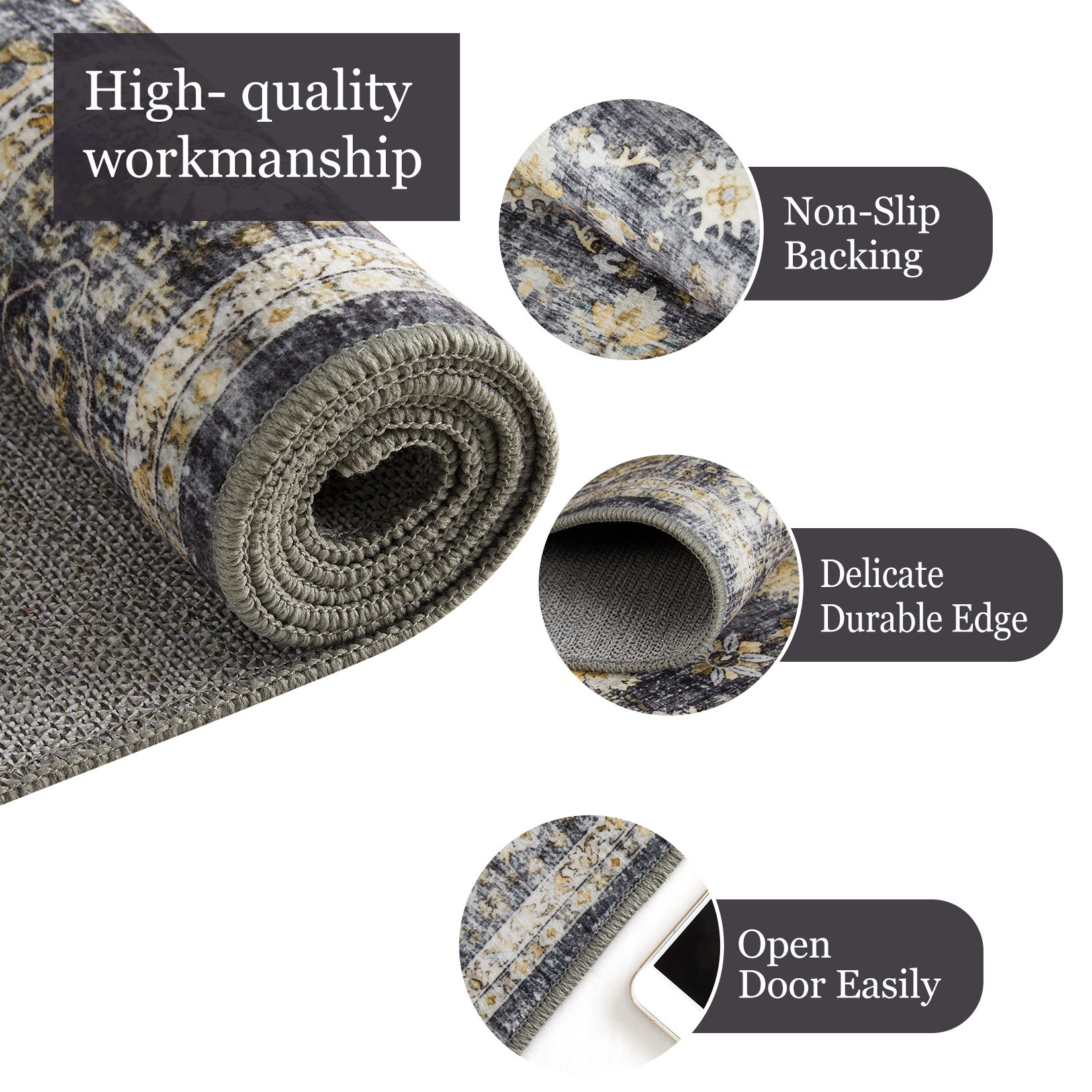 Garvee Black Extra Large Area Rug 10x13 Distressed Print Washable - Huge Serene Living Dining Carpet, Low Pile Nature Inspired Rug Easy Clean Stain Resistant