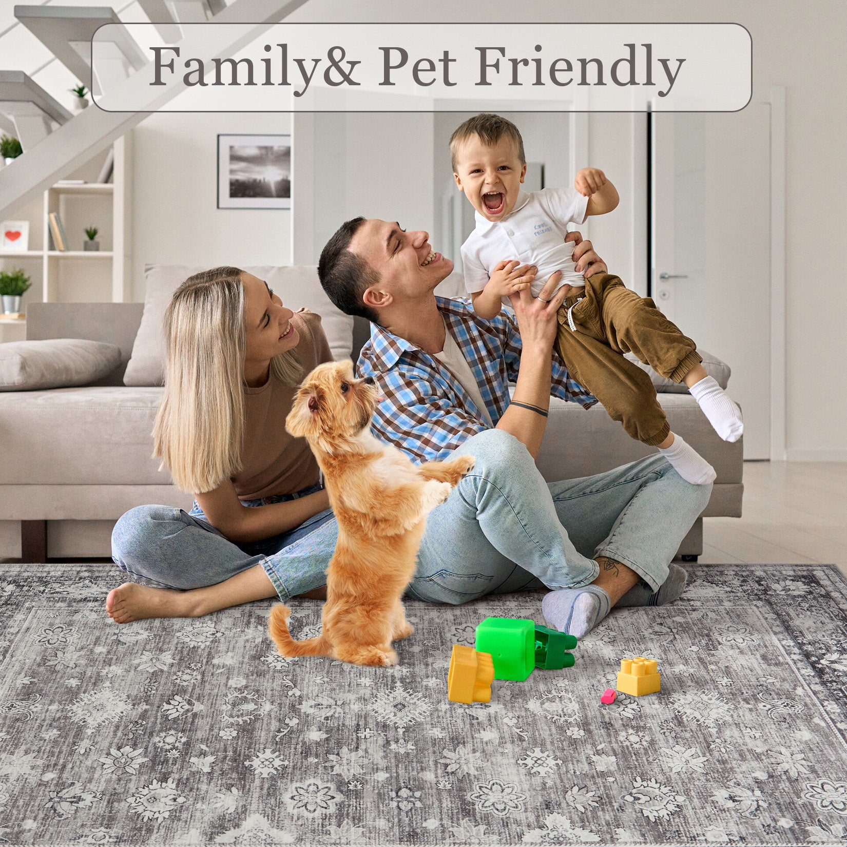 Garvee Grey Distressed Print Area Rug 8x10 Washable Low Pile - Large Modern Living Room Carpet, Statement Floor Rug Non Slip Easy Clean, for Contemporary Dining Bedroom