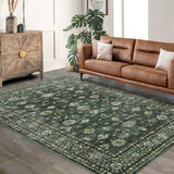 Garvee 8x10 Green Area Rug Distressed Print Washable Low Pile - Vintage Living Room Bedroom Carpet, Non Slip Easy Clean Stain Resistant, Large Accent Rug for Dining Room Kitchen - Green