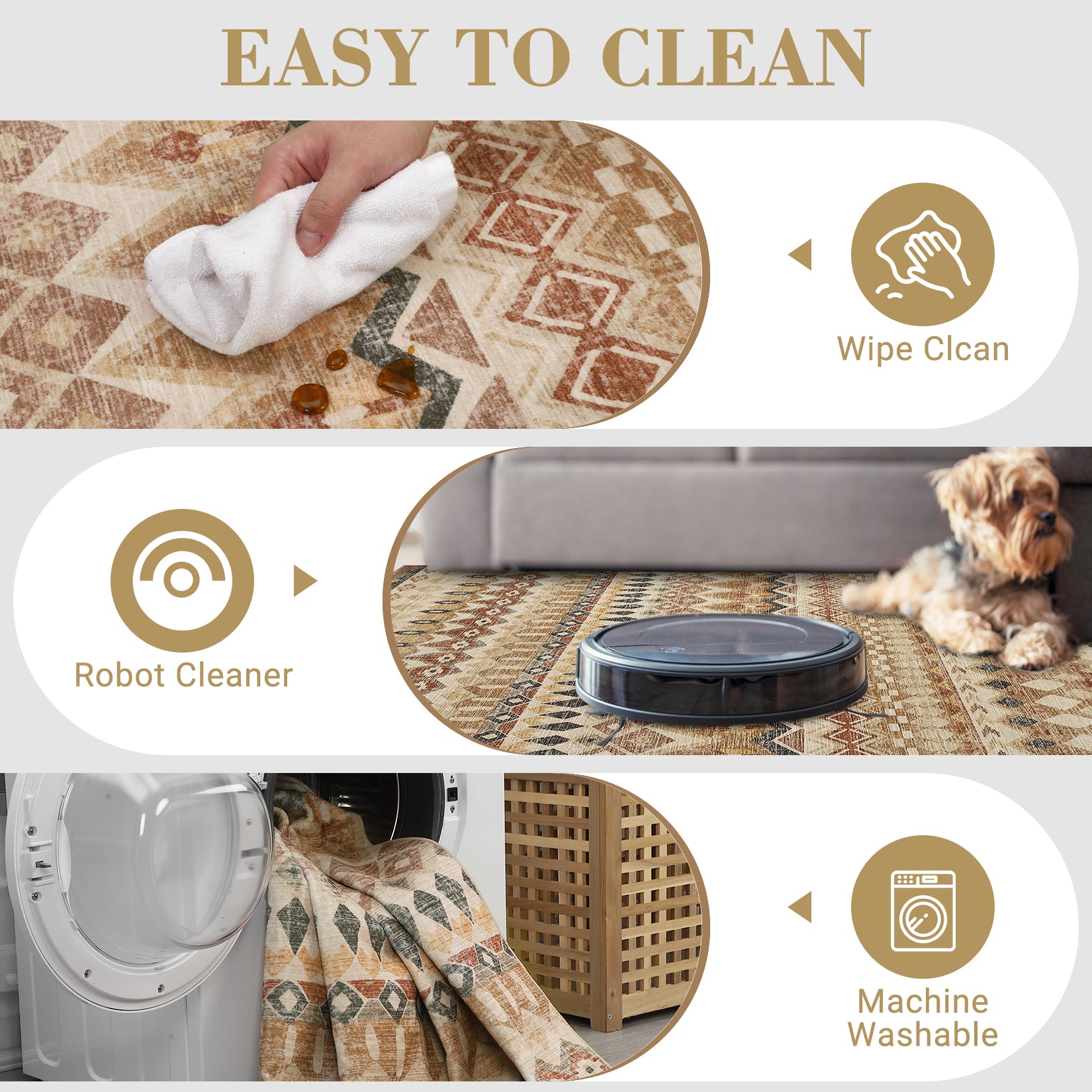 Garvee Boho Beige 8x10 Washable Living Room Rug, Large Distressed Geometric Printed Area Rug, Non-Slip Low Pile Indoor Mat, Foldable Non-Shedding Accent Carpet for Dining Room