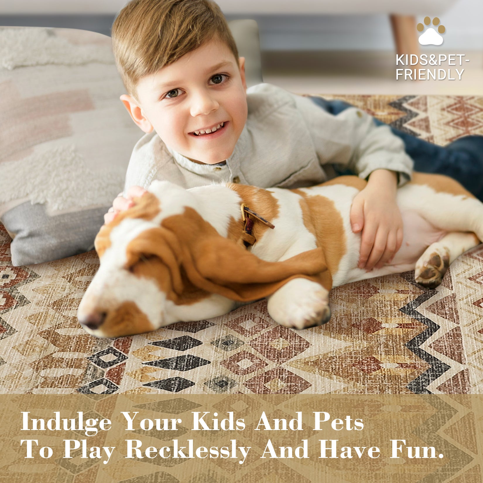 Garvee Boho Beige 8x10 Washable Living Room Rug, Large Distressed Geometric Printed Area Rug, Non-Slip Low Pile Indoor Mat, Foldable Non-Shedding Accent Carpet for Dining Room