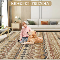 Garvee Boho Beige 8x10 Washable Living Room Rug, Large Distressed Geometric Printed Area Rug, Non-Slip Low Pile Indoor Mat, Foldable Non-Shedding Accent Carpet for Dining Room