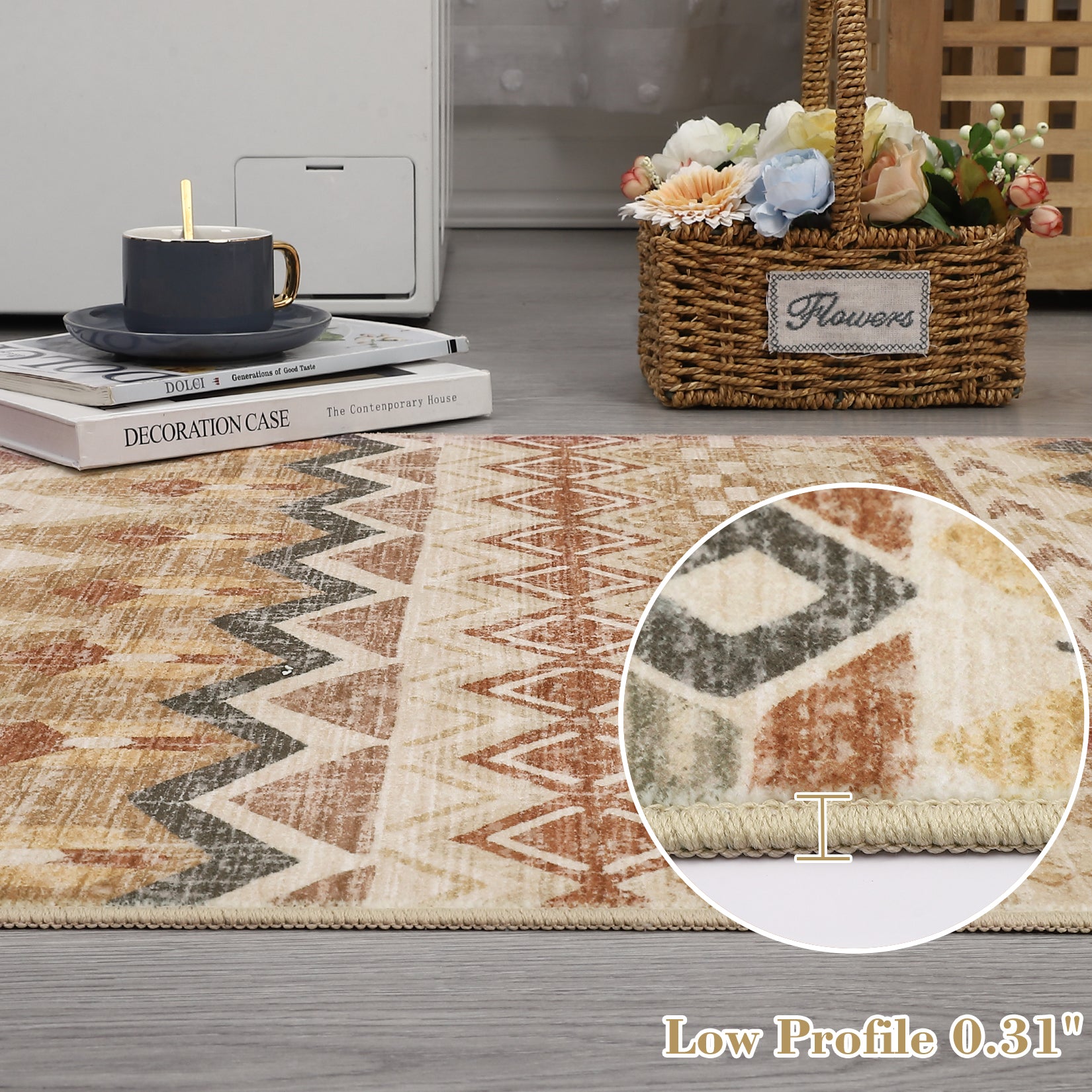 Garvee Boho Beige 8x10 Washable Living Room Rug, Large Distressed Geometric Printed Area Rug, Non-Slip Low Pile Indoor Mat, Foldable Non-Shedding Accent Carpet for Dining Room