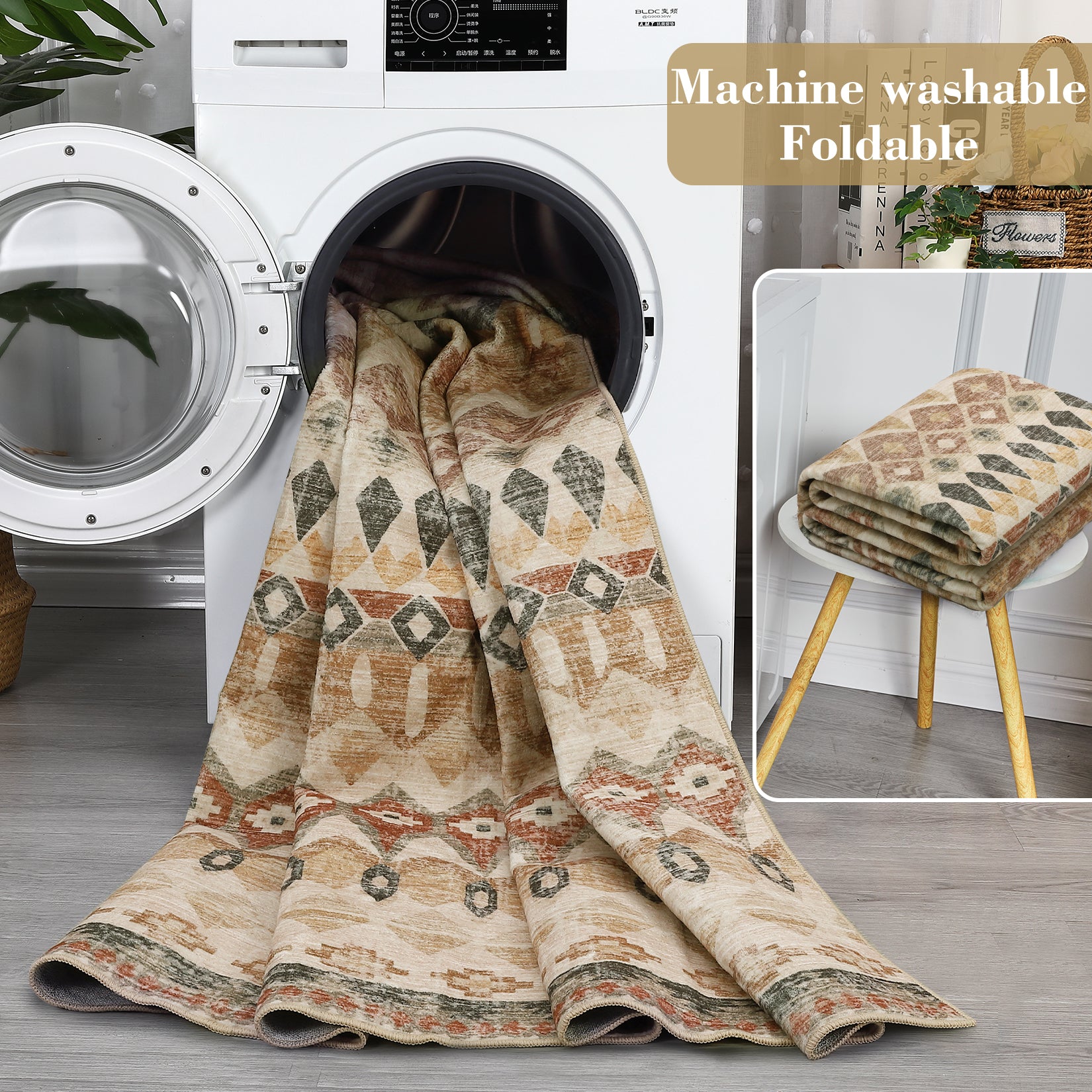 Garvee Boho Beige 8x10 Washable Living Room Rug, Large Distressed Geometric Printed Area Rug, Non-Slip Low Pile Indoor Mat, Foldable Non-Shedding Accent Carpet for Dining Room