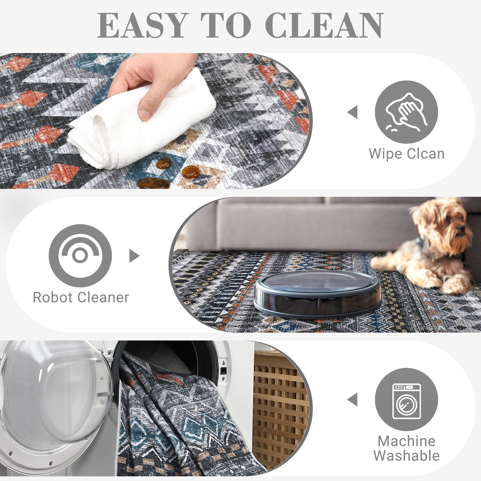 Garvee Boho Grey 8x10 Washable Living Room Rugs, Large Distressed Geometric Printed Area Rug, Non-Slip Low Pile Indoor Mat, Foldable Non-Shedding Accent Carpet for Dining Room