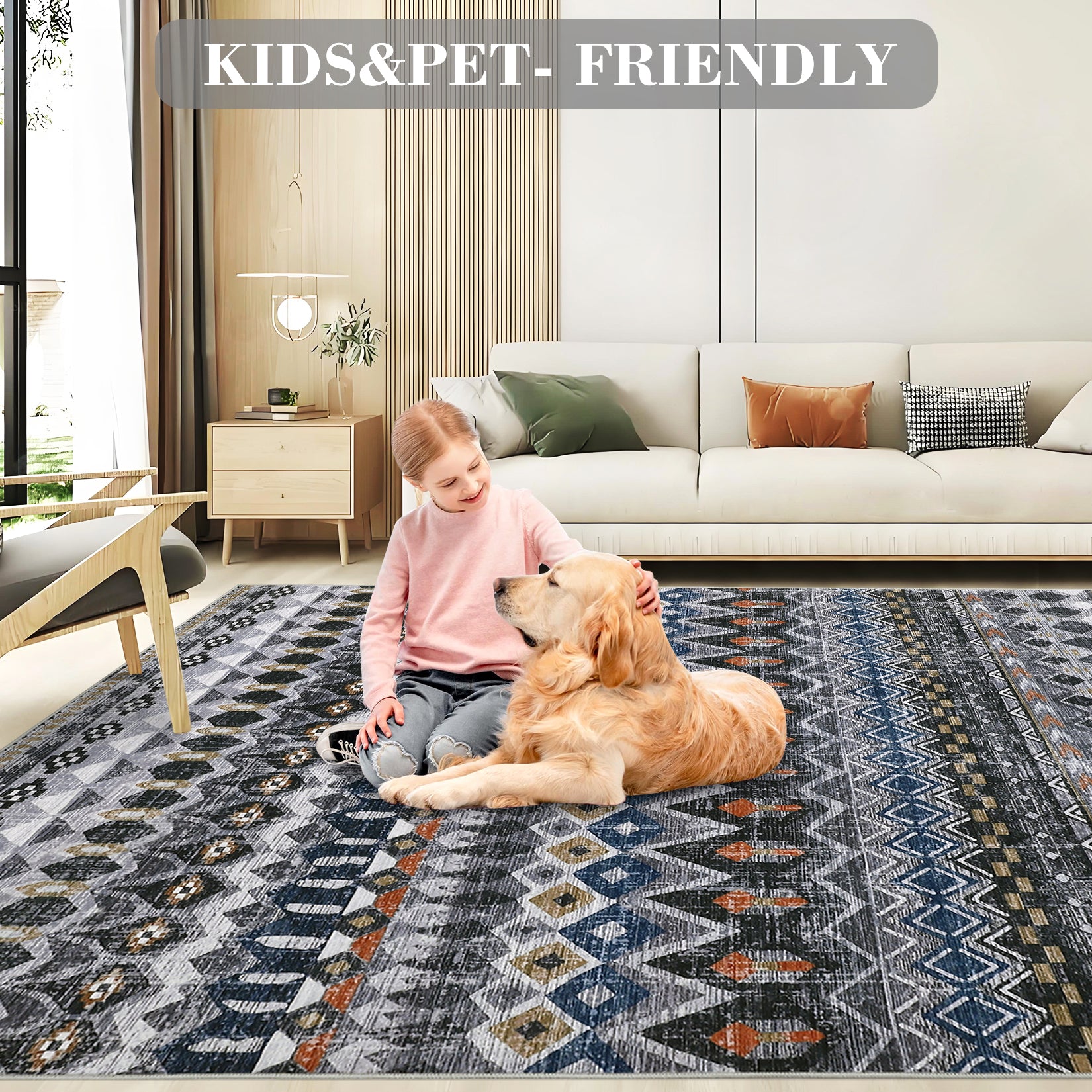 Garvee Boho Grey 10x13 Large Area Rug Washable Non-Slip Vintage Distressed Floor Cover Stain-Resistant Low Pile Soft Geometric Printed Throw Carpet Foldable Non-Shedding Indoor Rug for Home Office
