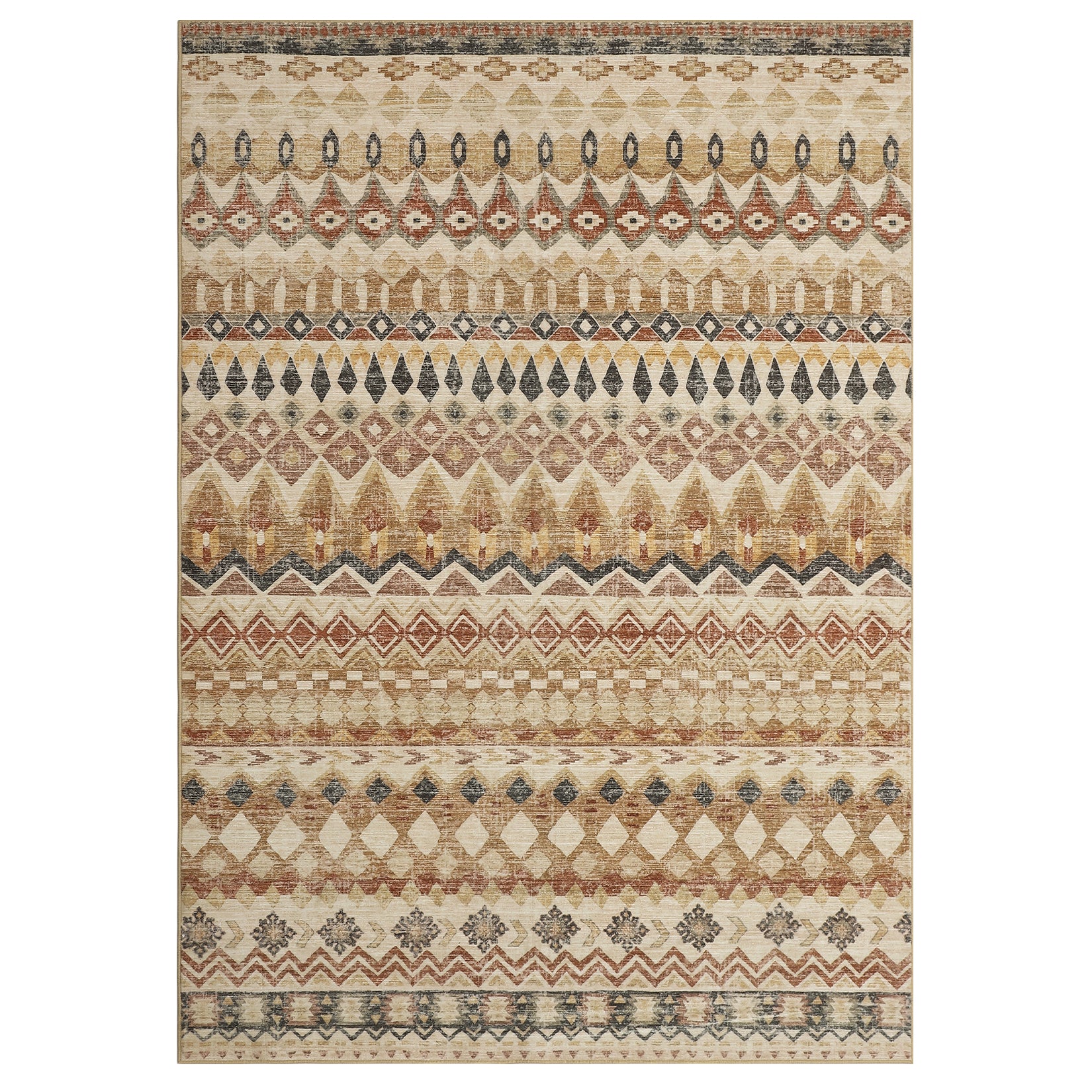 Garvee Boho Beige 9x12 Large Area Rugs, Washable Distressed Geometric Printed Living Room Rug, Non-Slip Low Pile Floor Carpet, Foldable Non-Shedding Accent Rug for Bedroom, Office