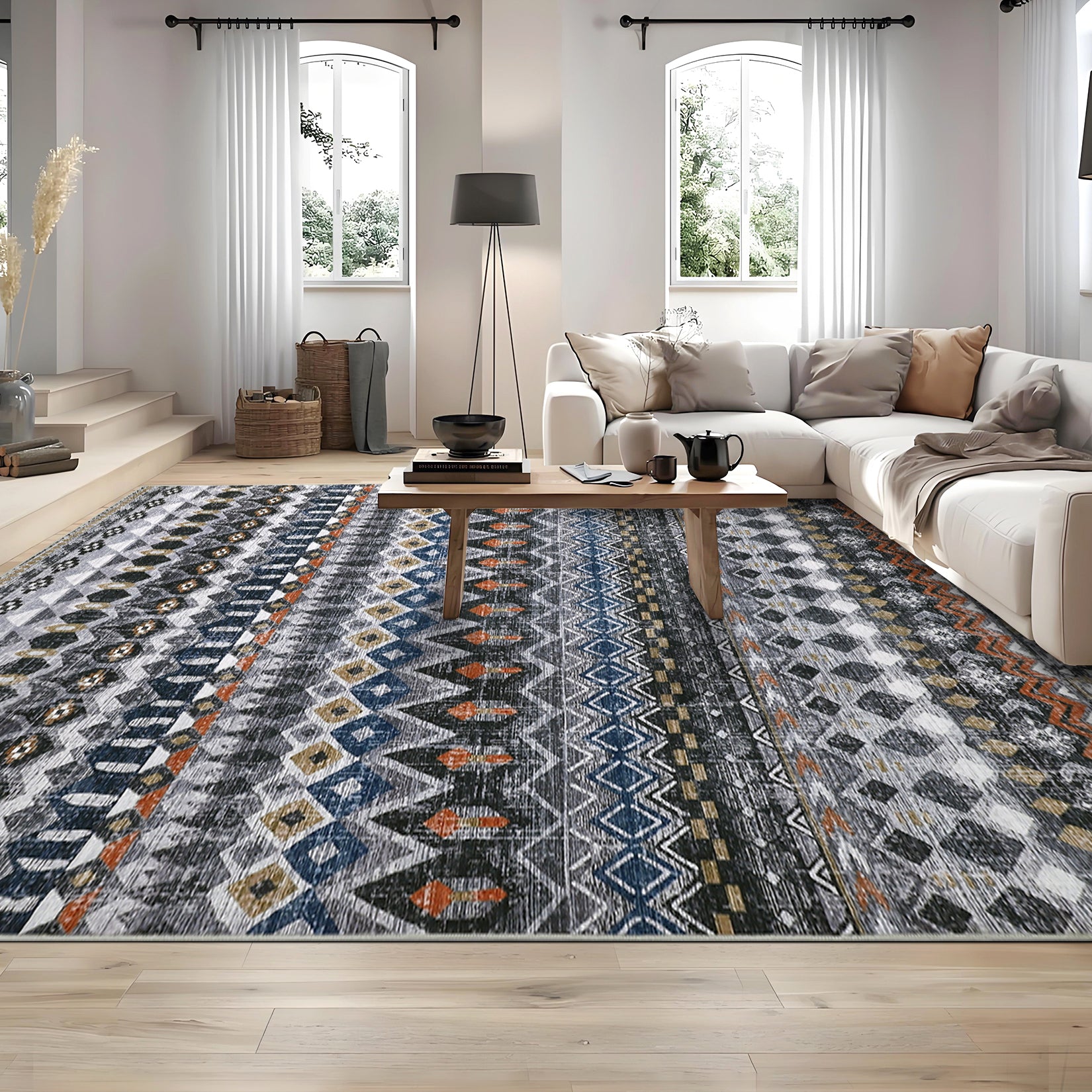 Garvee Boho Grey 10x13 Large Area Rug Washable Non-Slip Vintage Distressed Floor Cover Stain-Resistant Low Pile Soft Geometric Printed Throw Carpet Foldable Non-Shedding Indoor Rug for Home Office