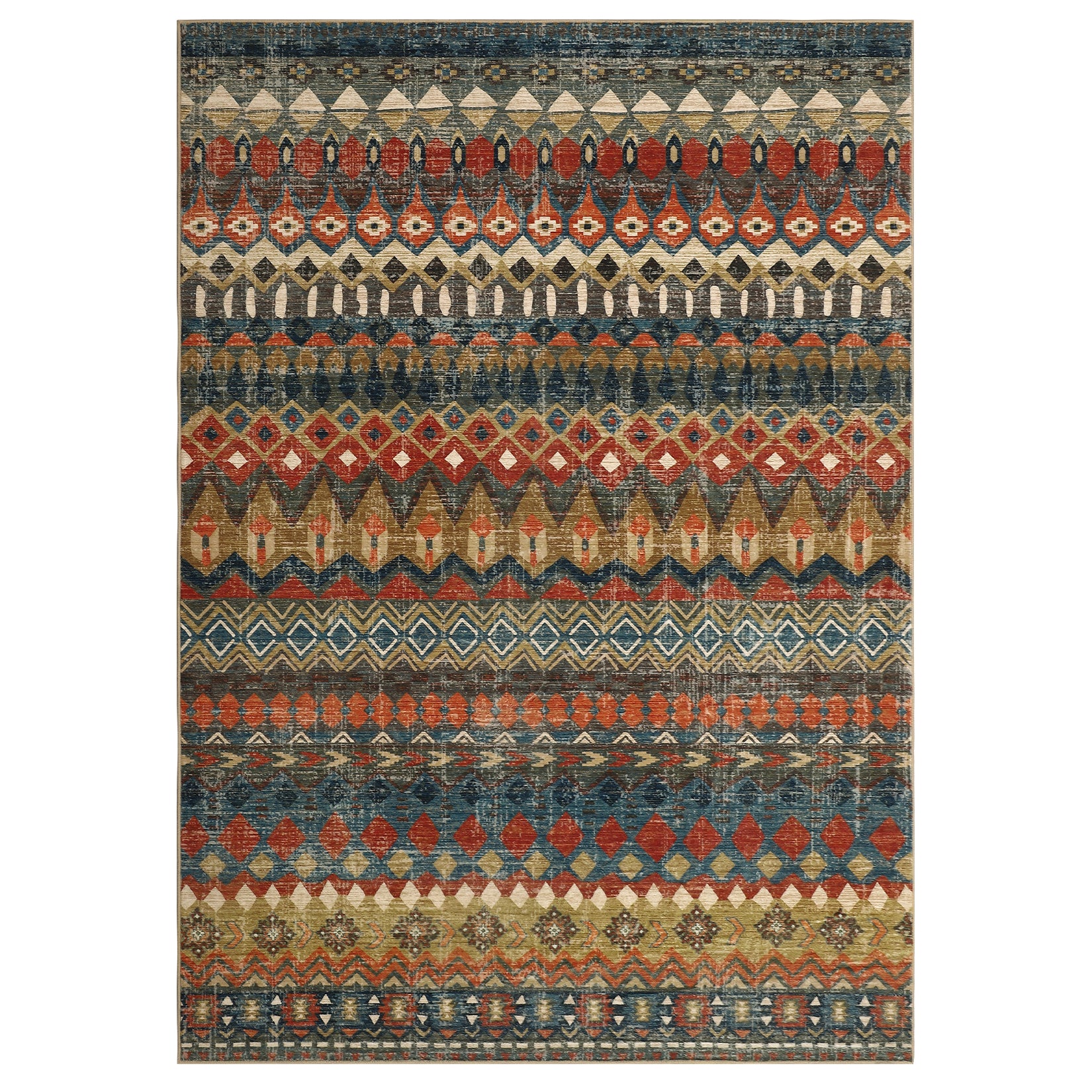 Garvee Boho Multicolor 9x12 Large Area Washable Rug, Distressed Geometric Printed Living Room Rug, Non-Slip Low Pile Floor Carpet, Foldable Non-Shedding Accent Rug for Bedroom, Office
