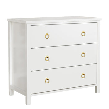 Garvee 3 Drawer Dresser for Bedroom, Modern Wood Dresser with Gold Metal Ring Handles, Freestanding Chest of Drawer with Anti-tipping Design for Living Room, Entryway, White