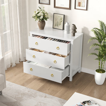 Garvee 3 Drawer Dresser for Bedroom, Modern Wood Dresser with Gold Metal Ring Handles, Freestanding Chest of Drawer with Anti-tipping Design for Living Room, Entryway, White