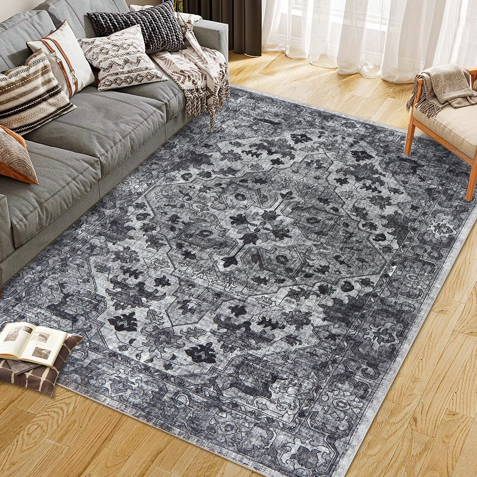 Garvee Vintage Floral Washable Area Rug, Dark Gray 9x12 Non Slip Low Pile Rug for Living Room and Bedroom, Kid and Pet Friendly