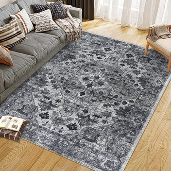 Garvee Vintage Floral Washable Area Rug, Dark Gray 5x7 Non Slip Low Pile Rug for Bedroom and Nursery, Kid and Pet Friendly
