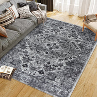 Garvee Vintage Floral Washable Area Rug, Dark Gray 8x10 Non Slip Low Pile Rug for Living Room and Bedroom, Kid and Pet Friendly