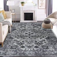 Garvee Vintage Floral Washable Area Rug, Dark Gray 9x12 Non Slip Low Pile Rug for Living Room and Bedroom, Kid and Pet Friendly
