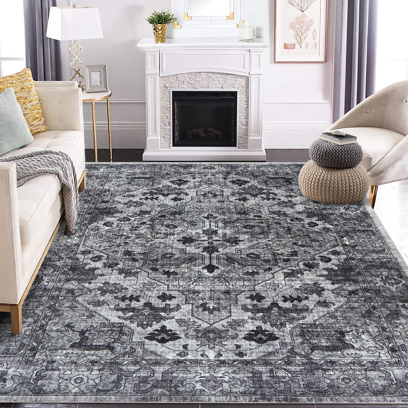 Garvee Vintage Floral Washable Area Rug, Dark Gray 8x10 Non Slip Low Pile Rug for Living Room and Bedroom, Kid and Pet Friendly