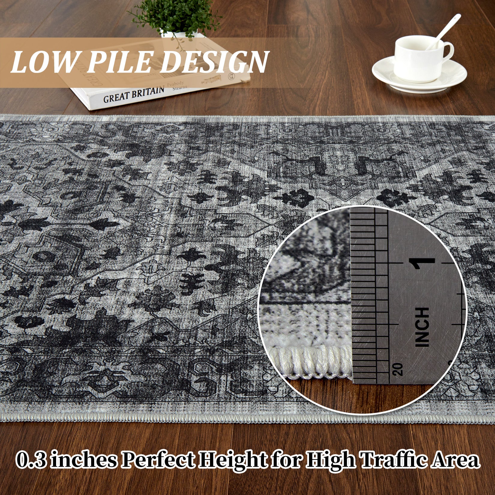 Garvee Vintage Floral Washable Area Rug, Dark Gray 9x12 Non Slip Low Pile Rug for Living Room and Bedroom, Kid and Pet Friendly