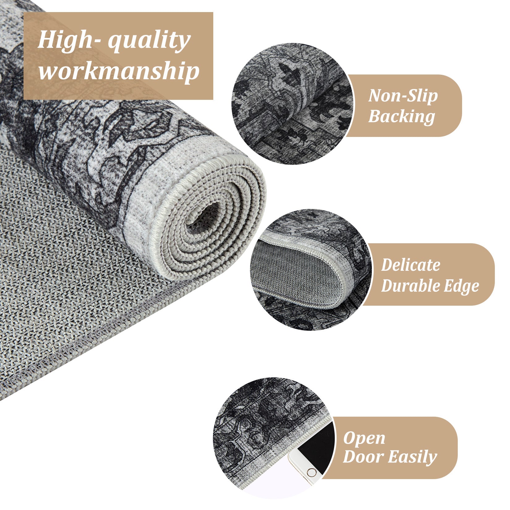 Garvee Vintage Floral Washable Area Rug, Dark Gray 5x7 Non Slip Low Pile Rug for Bedroom and Nursery, Kid and Pet Friendly