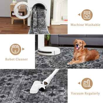 Garvee Vintage Floral Washable Runner Rug, Dark Gray 2x6 Non Slip Low Pile Hallway and Entryway Rug, Kid and Pet Friendly