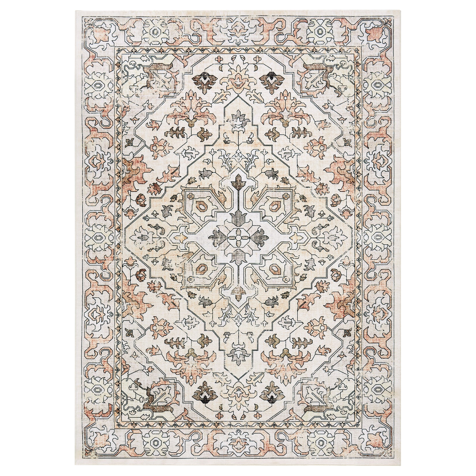 Garvee Vintage Floral Washable Area Rug, Beige 8x10 Non Slip Low Pile Rug for Living Room and Bedroom, Kid and Pet Friendly