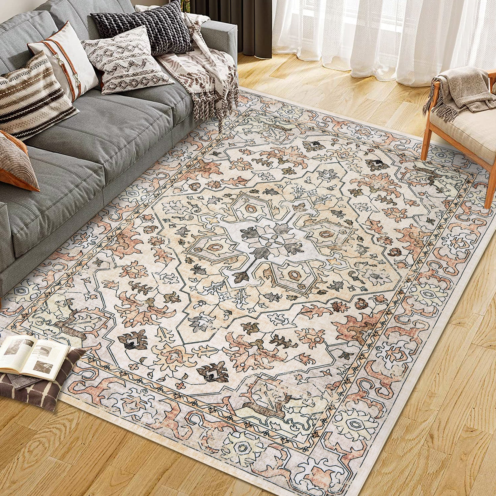 Garvee Vintage Floral Washable Area Rug, Beige 8x10 Non Slip Low Pile Rug for Living Room and Bedroom, Kid and Pet Friendly