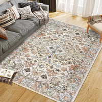 Garvee Vintage Floral Washable Area Rug, Beige 8x10 Non Slip Low Pile Rug for Living Room and Bedroom, Kid and Pet Friendly