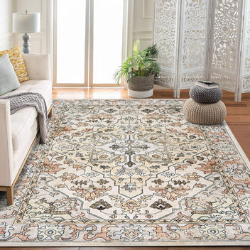 Garvee Vintage Floral Washable Area Rug, Beige 10x13 Non Slip Low Pile Rug for Living Room and Bedroom, Kid and Pet Friendly