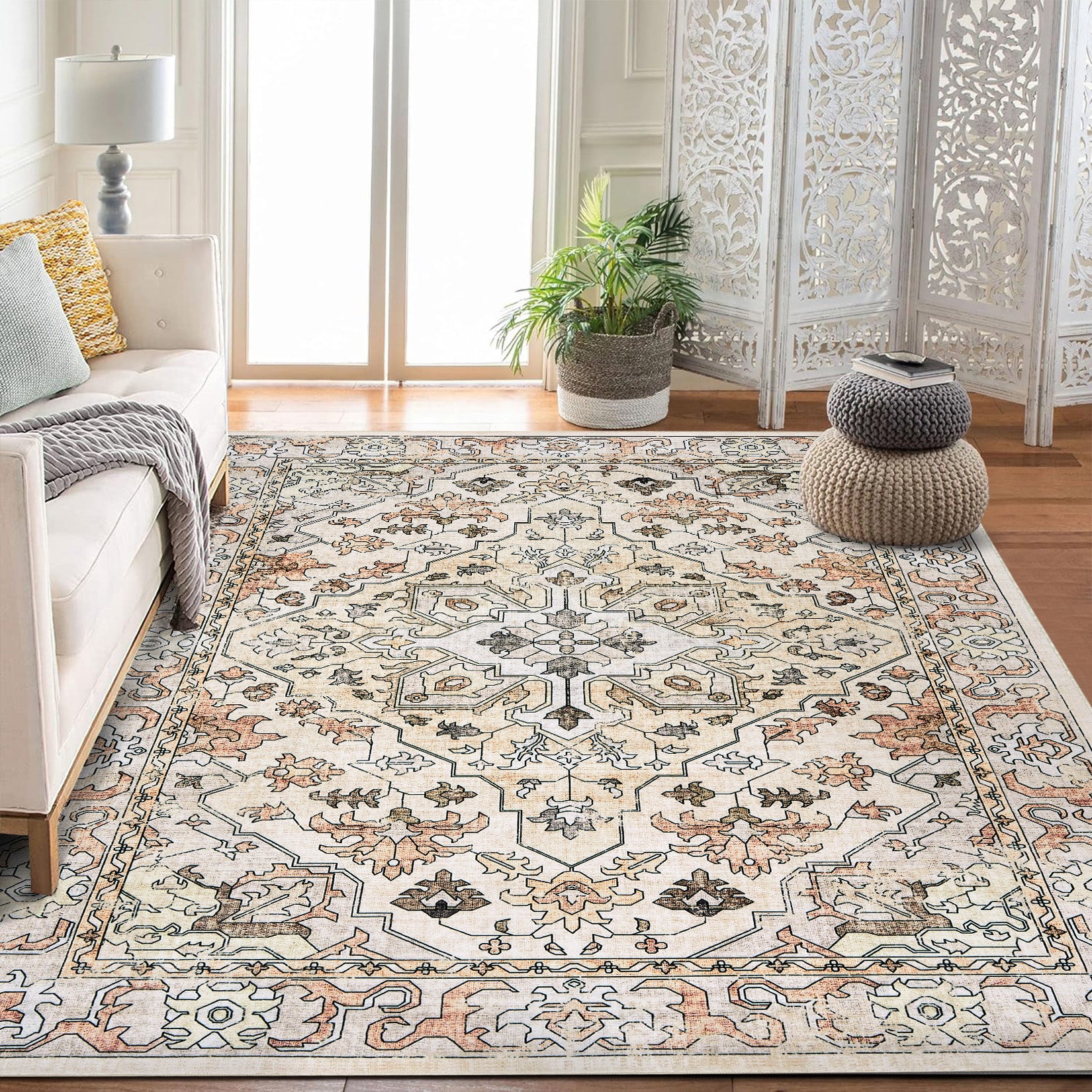 Garvee Vintage Floral Washable Area Rug, Beige 10x13 Non Slip Low Pile Rug for Living Room and Bedroom, Kid and Pet Friendly