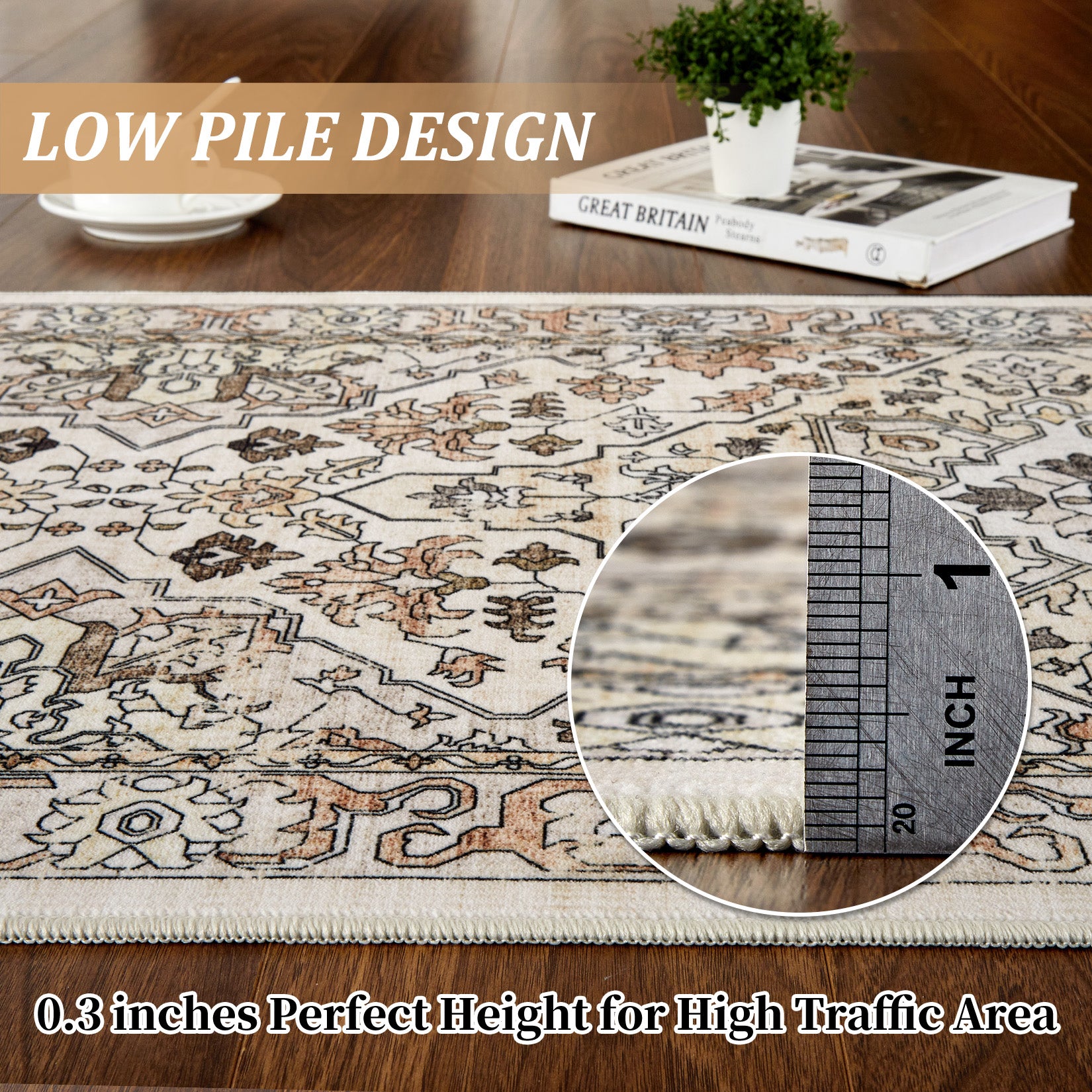 Garvee Vintage Floral Washable Area Rug, Beige 8x10 Non Slip Low Pile Rug for Living Room and Bedroom, Kid and Pet Friendly