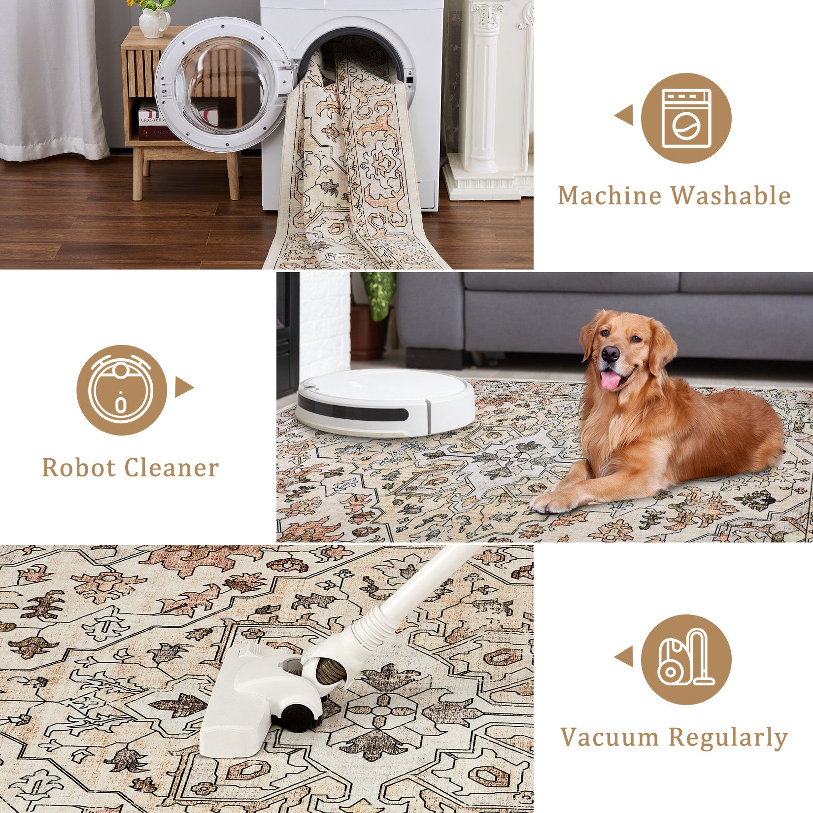 Garvee Vintage Floral Washable Area Rug, Beige 5x7 Non Slip Low Pile Rug for Bedroom and Nursery, Kid and Pet Friendly