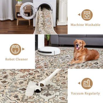 Garvee Vintage Floral Washable Area Rug, Beige 10x13 Non Slip Low Pile Rug for Living Room and Bedroom, Kid and Pet Friendly