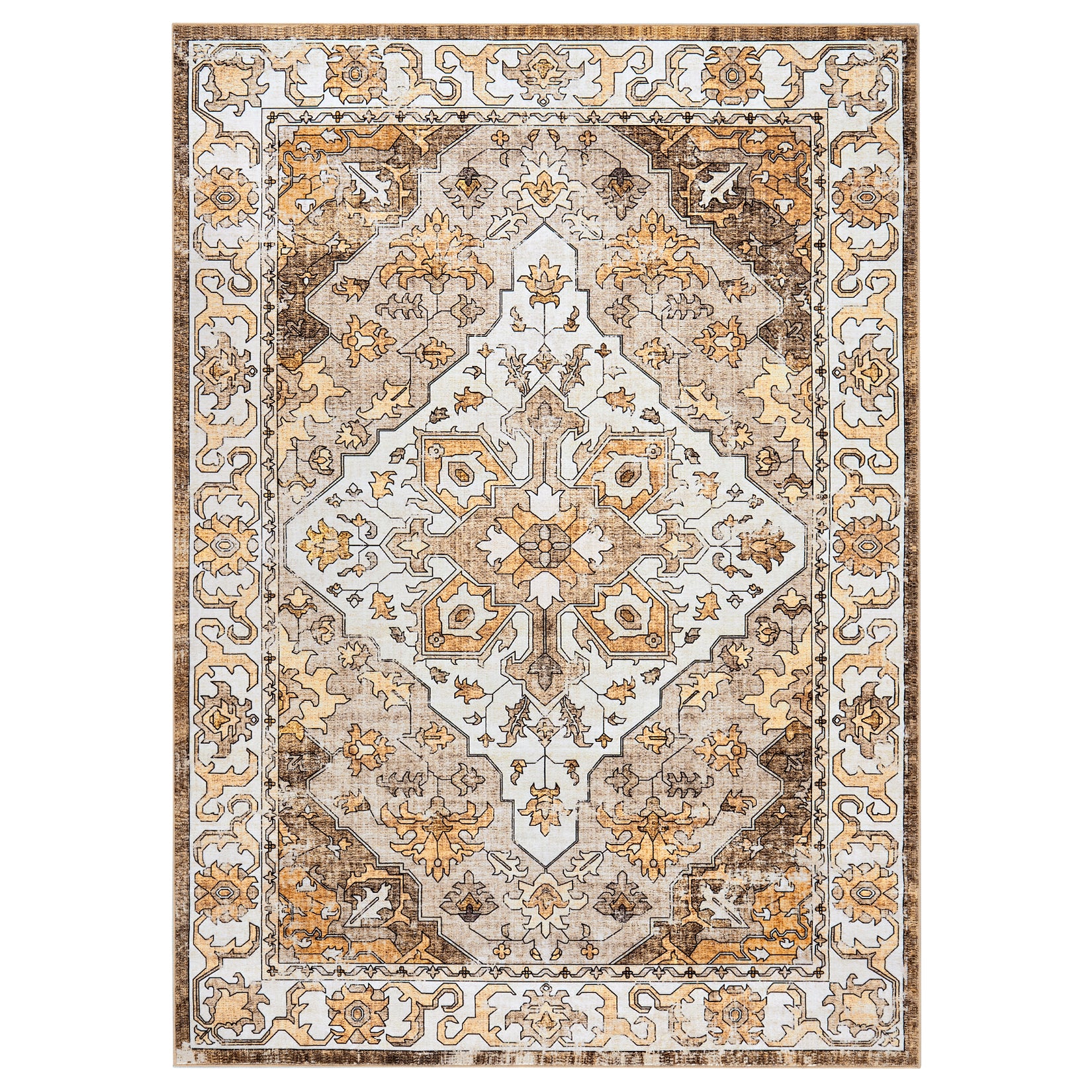 Garvee Vintage Floral Washable Area Rug, Camel 5x7 Non Slip Low Pile Rug for Bedroom and Nursery, Kid and Pet Friendly