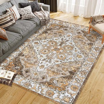 Garvee Vintage Floral Washable Area Rug, Camel 9x12 Non Slip Low Pile Rug for Living Room and Bedroom, Kid and Pet Friendly