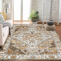 Garvee Vintage Floral Washable Area Rug, Camel 5x7 Non Slip Low Pile Rug for Bedroom and Nursery, Kid and Pet Friendly