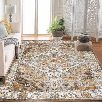 Garvee Vintage Floral Washable Area Rug, Camel 10x13 Non Slip Low Pile Rug for Living Room and Bedroom, Kid and Pet Friendly