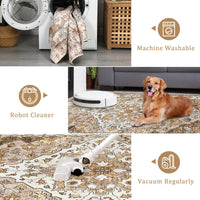 Garvee Vintage Floral Washable Area Rug, Camel 9x12 Non Slip Low Pile Rug for Living Room and Bedroom, Kid and Pet Friendly
