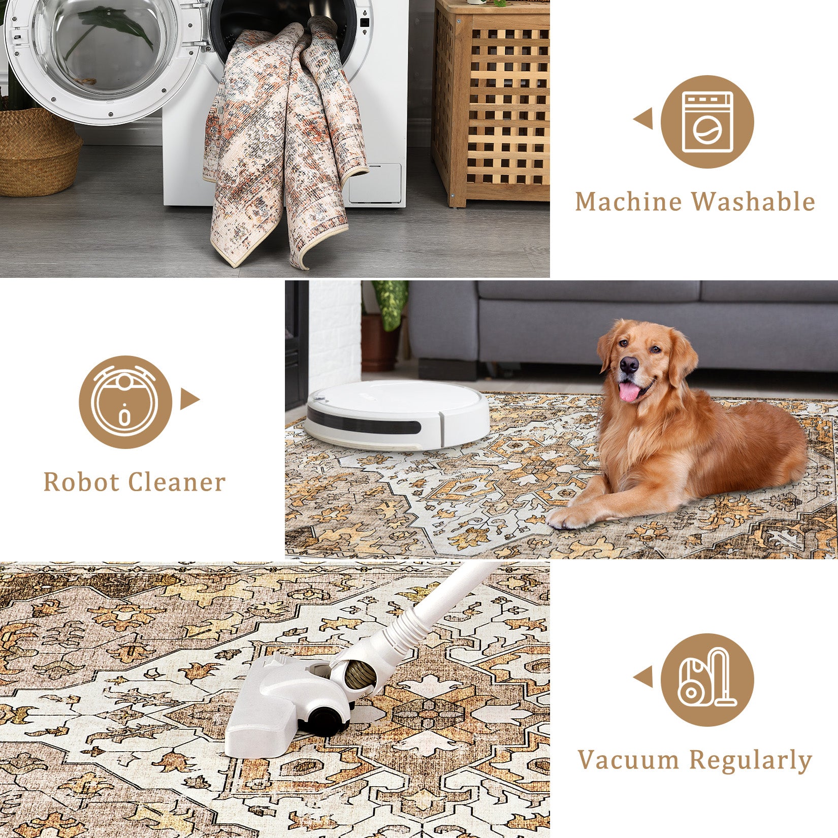 Garvee Vintage Floral Washable Area Rug, Camel 5x7 Non Slip Low Pile Rug for Bedroom and Nursery, Kid and Pet Friendly