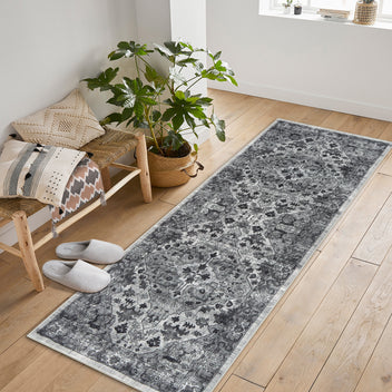 Garvee Vintage Floral Washable Runner Rug, Dark Gray 2x6 Non Slip Low Pile Hallway and Entryway Rug, Kid and Pet Friendly