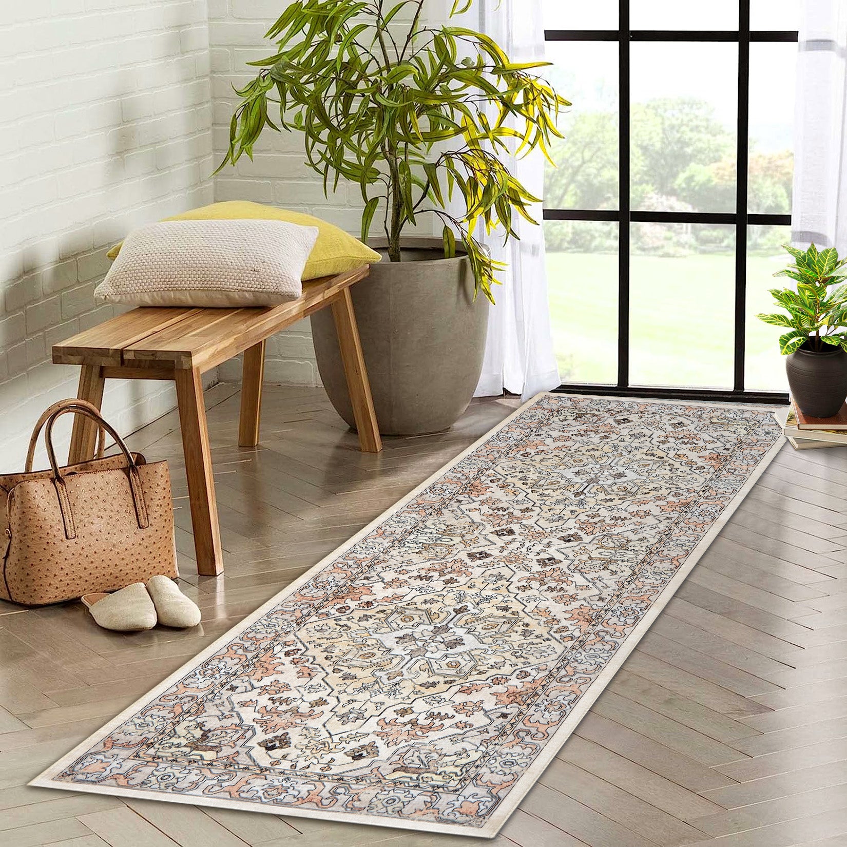 Garvee Vintage Floral Washable Runner Rug, 2x6 Non Slip Low Pile Hallway and Entryway Rug, Kid and Pet Friendly