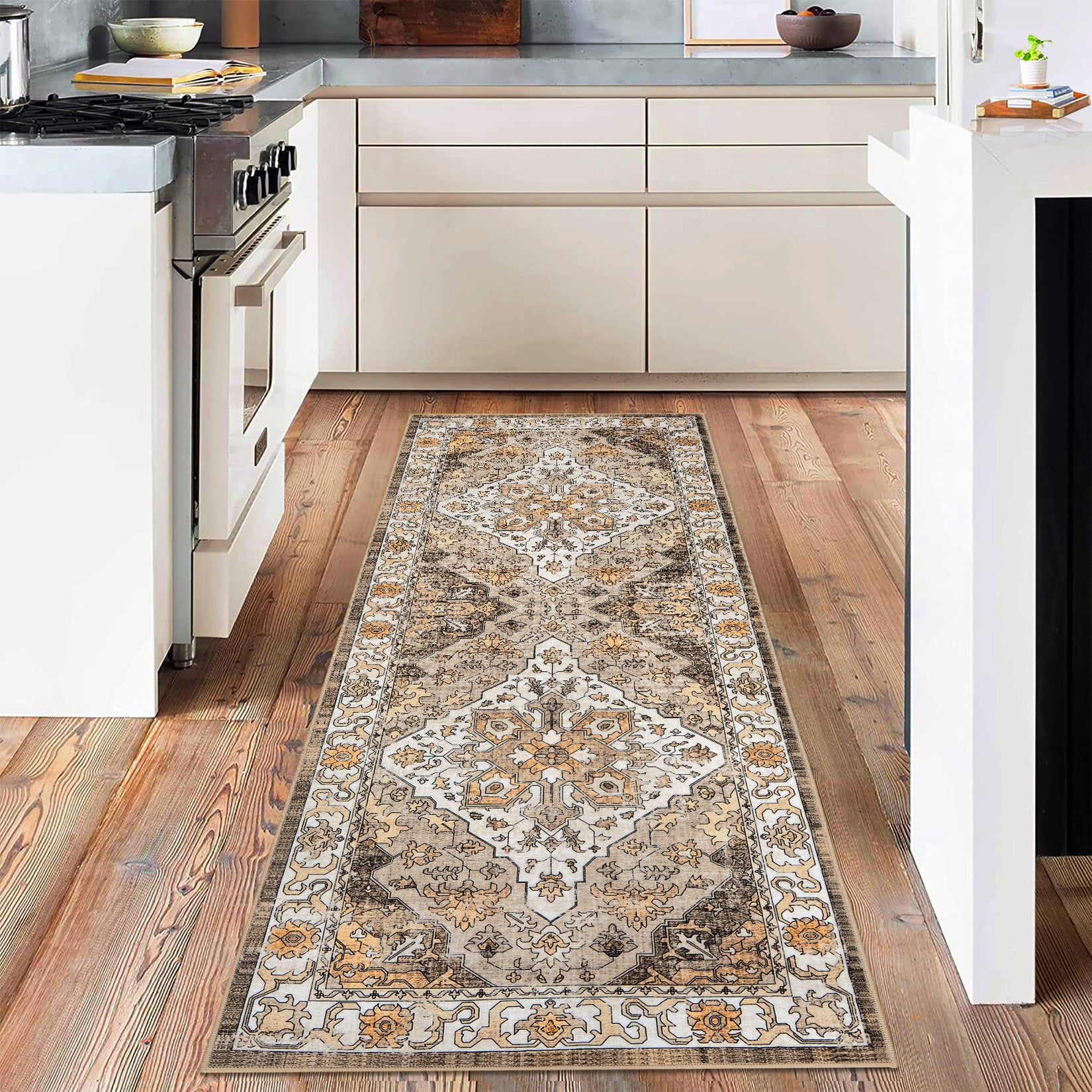 Garvee Vintage Floral Washable Runner Rug, Camel 2x6 Non Slip Low Pile Hallway and Entryway Rug, Kid and Pet Friendly