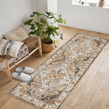 Garvee Vintage Floral Washable Runner Rug, Camel 2x6 Non Slip Low Pile Hallway and Entryway Rug, Kid and Pet Friendly