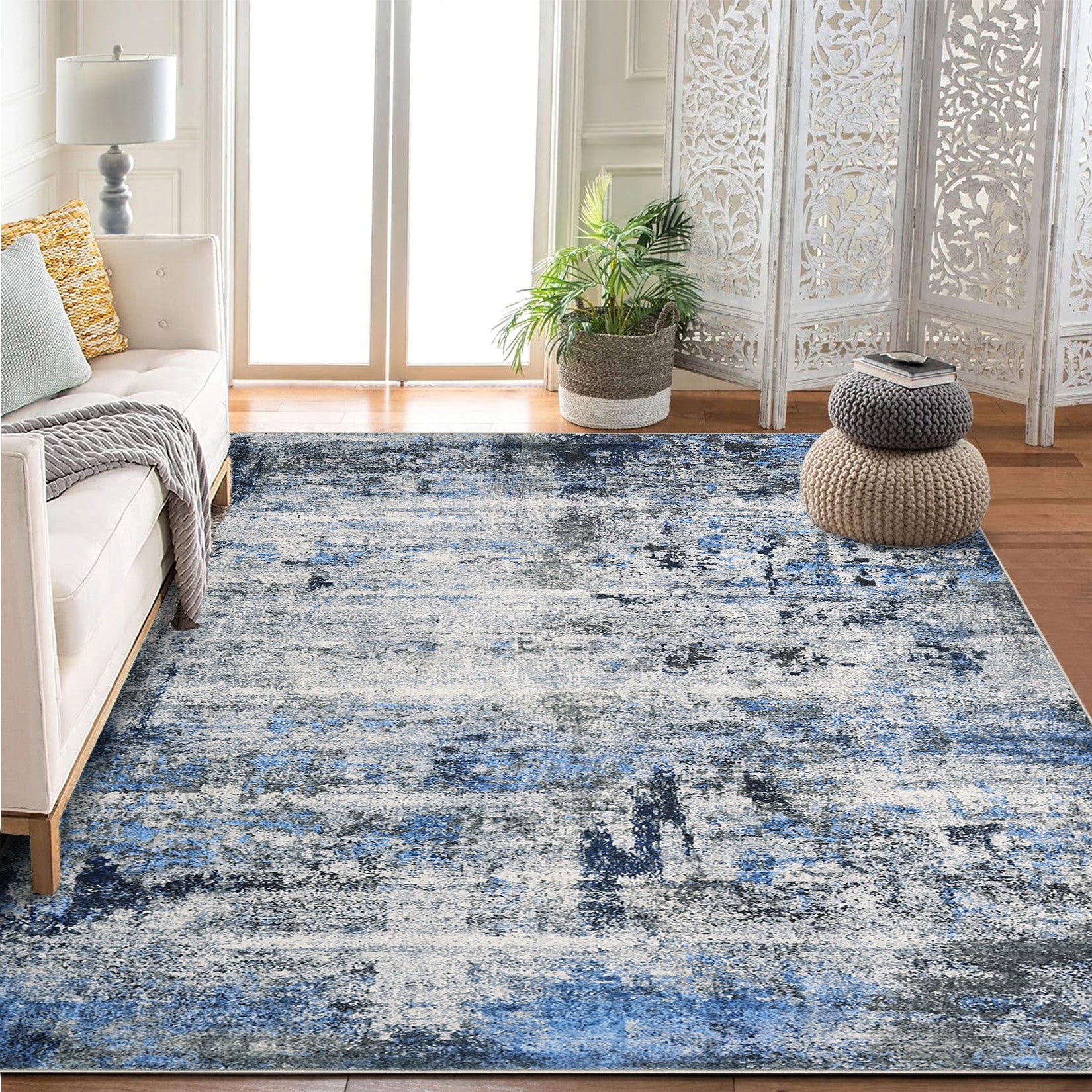 Garvee Modern Abstract Boho Washable Area Rug High-Traffic Areas Living Room Bedroom Kitchen Dining Blue 10x13