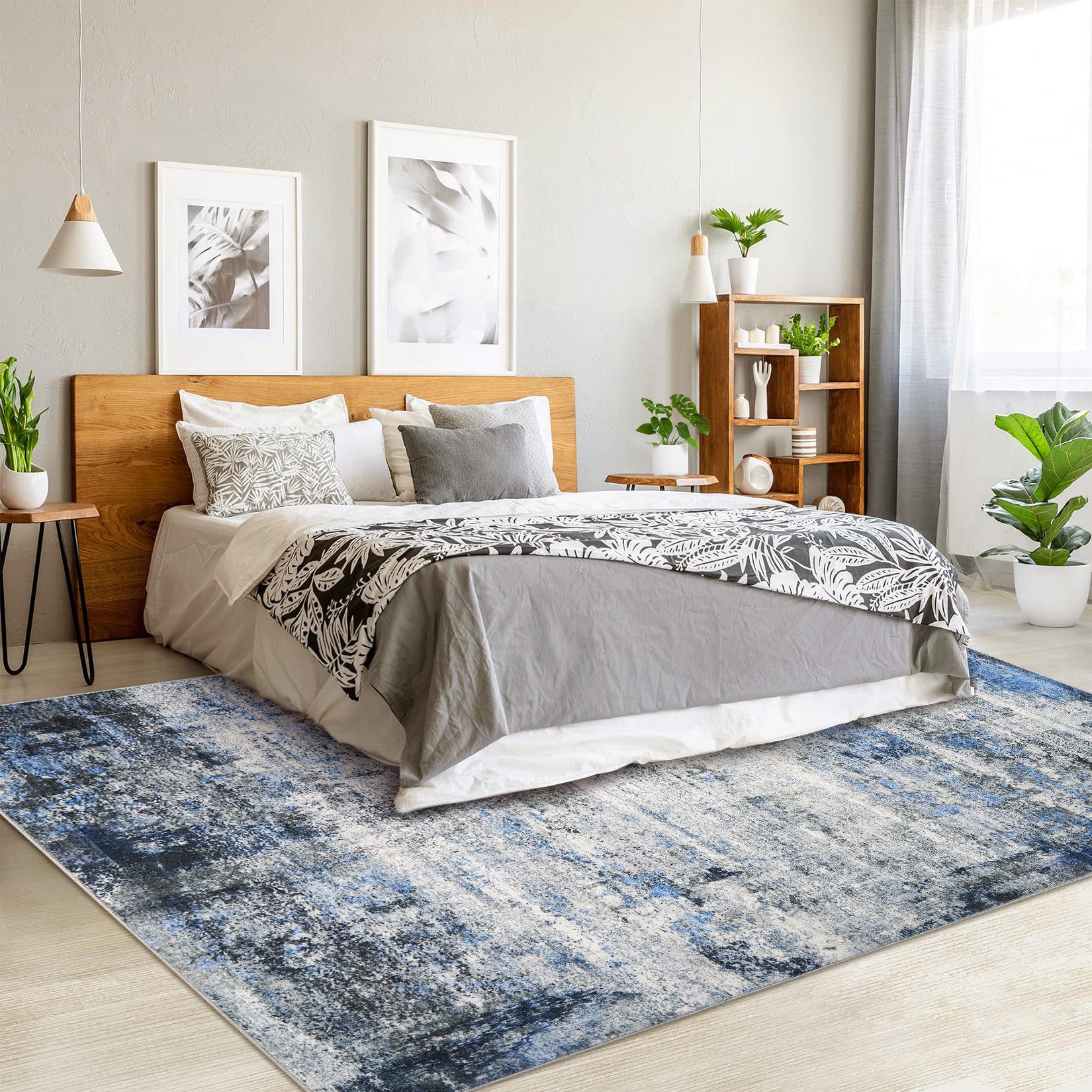 Garvee 4 ft x 6 ft Washable Area Rug Non Slip Abstract Soft Faux Wool Living Room Bedroom Dining Room Blue