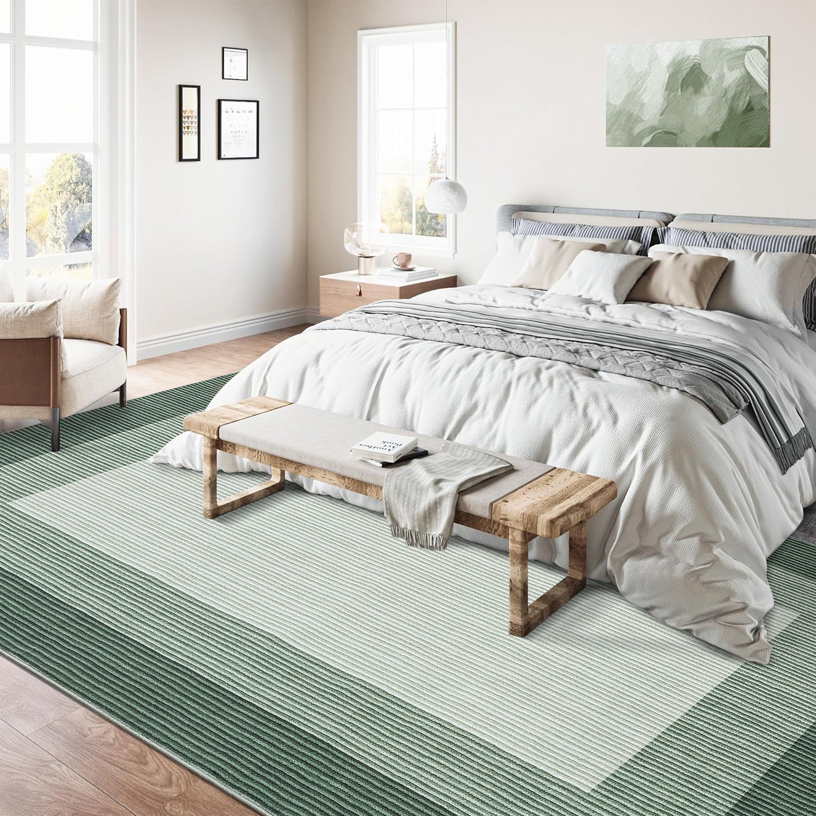 Garvee 10x13 Large Green Area Rug – Modern Bordered Gradient Rug, Washable Non-Slip Low Pile Carpet for Living Room, Bedroom & Dining Room, Soft Minimalist Design