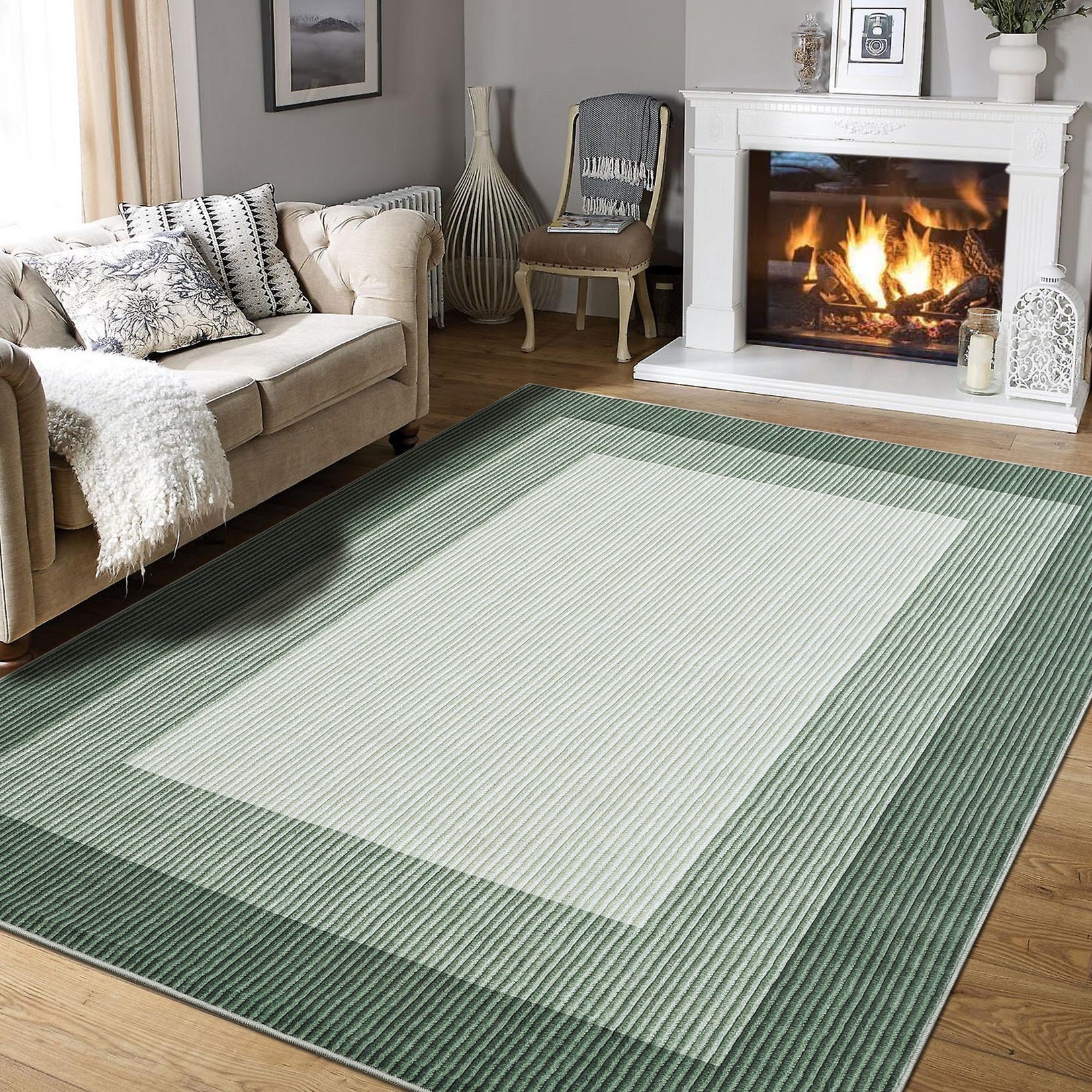 Garvee 10x13 Large Green Area Rug – Modern Bordered Gradient Rug, Washable Non-Slip Low Pile Carpet for Living Room, Bedroom & Dining Room, Soft Minimalist Design